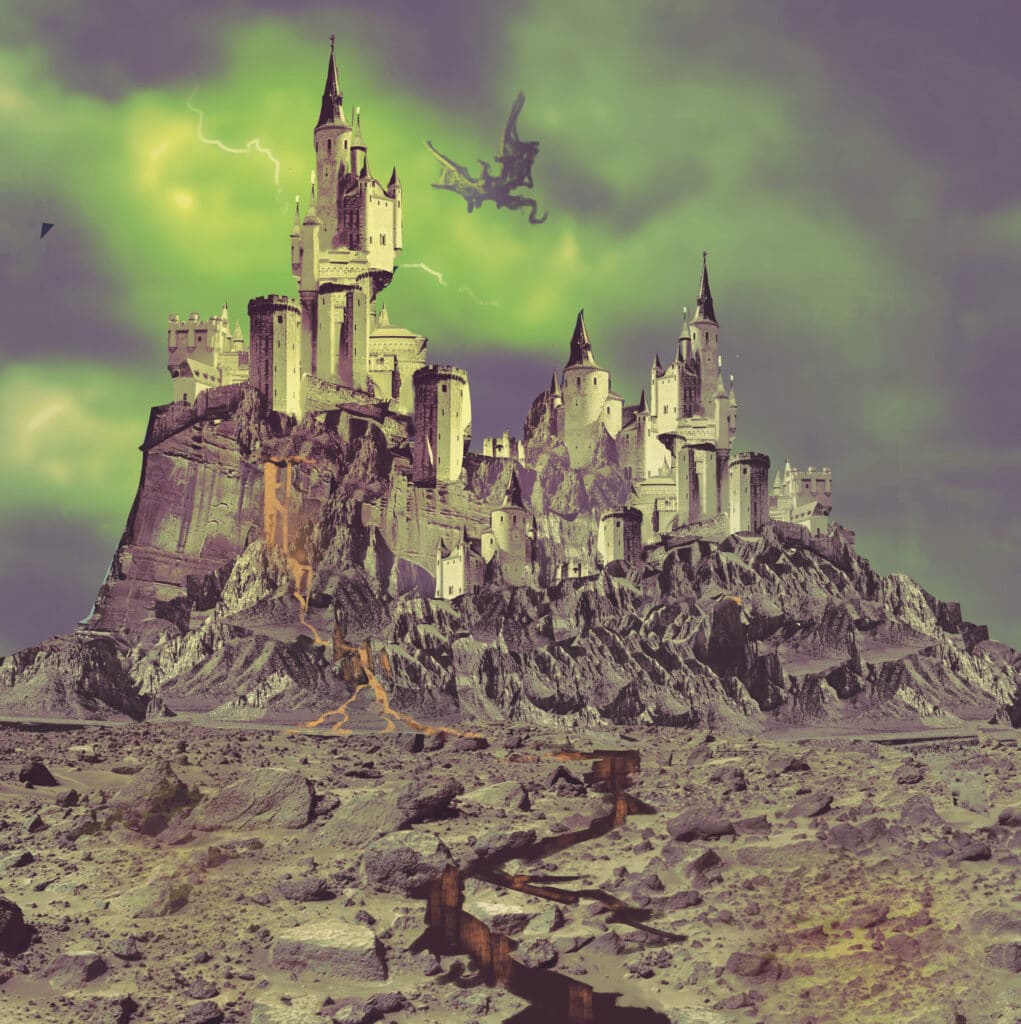 A castle in a wasteland with a dragon flying overhead